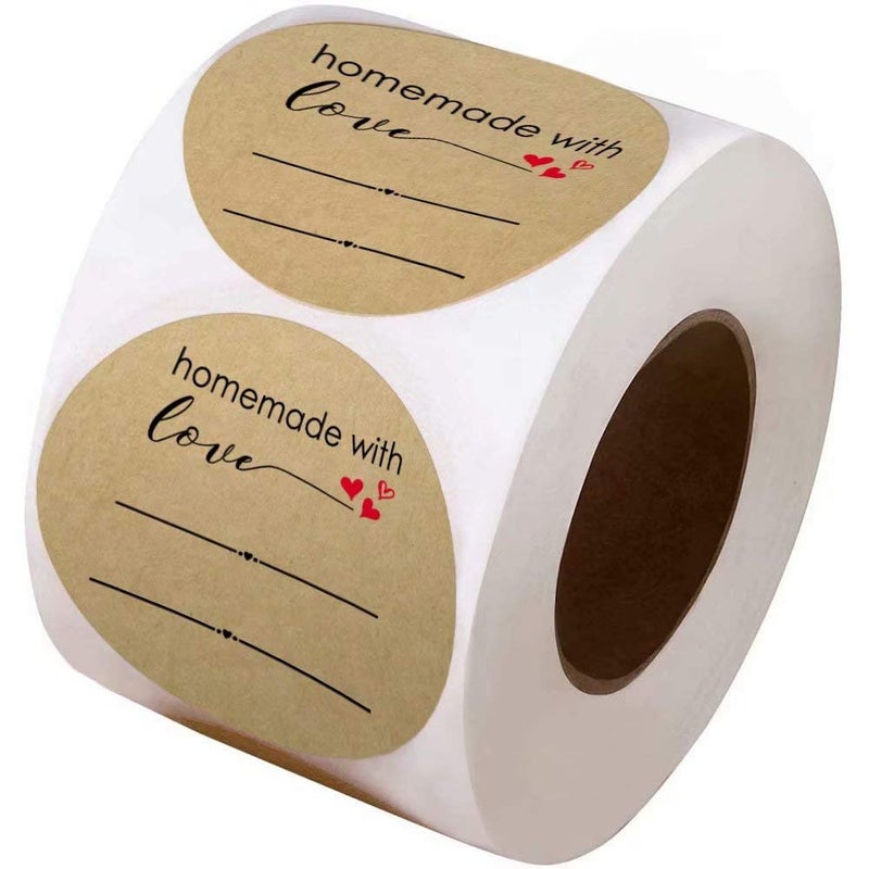 BATTOO 2 Inch Homemade with Love Sticker with Lines for Writing (500 Labels per roll) Brown Kraft Stickers for Canning Labels Jar, Store Owners, Crafts, Organizing, Gift, Price Tags, Envelop Seal - Image 2